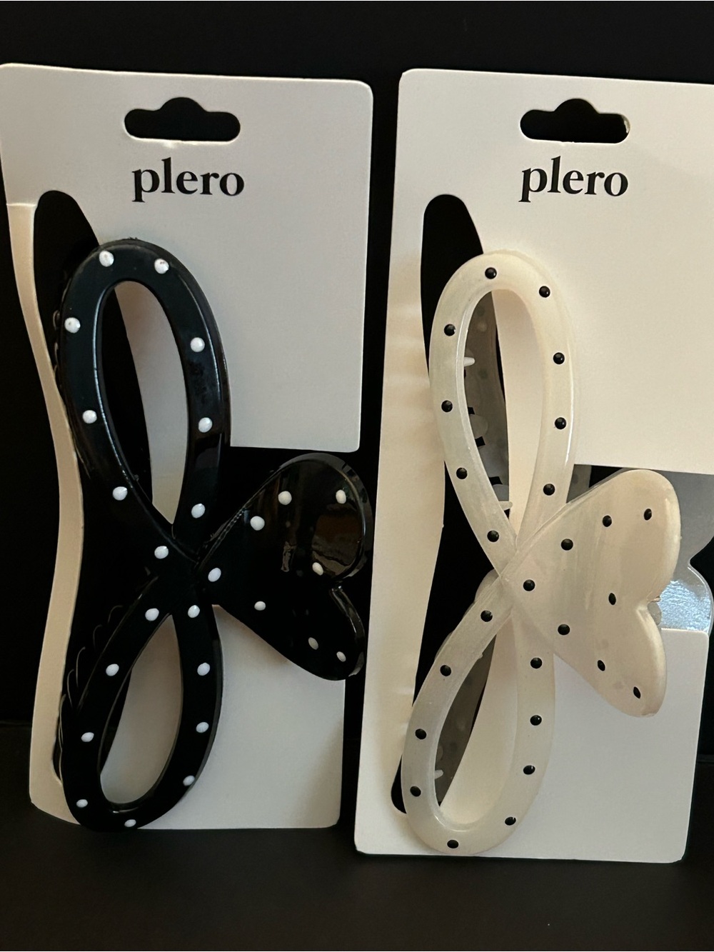Set of Two (2) Acrylic Polka Dot Bow Style Hair Claw Clips — Black and Cream